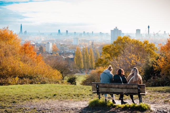 Women sitting on park bench looking at London city skyline from Hampstead Heath
