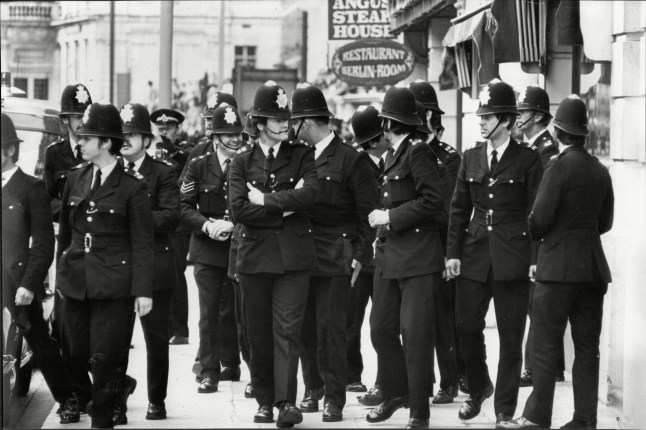 Mandatory Credit: Photo by ANL/Shutterstock (1669793a) Spaghetti House Siege 1975 - Police Officers Outside The Restaurant In Knightsbridge Where Hostages Were Being Held By Gunmen Spaghetti House Siege 1975 - Police Officers Outside The Restaurant In Knightsbridge Where Hostages Were Being Held By Gunmen