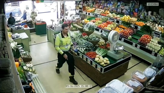 Stills from CCTV show the Cadent gas engineer inside the shop checking for gas leaks. An engineer sent to probe a suspected gas leak at a greengrocers was shocked to discover the cause was the world's smelliest fruit. Staff at Strongs Fruit and Veg shop in Lytham were bemused when a Cadent gas engineer walked in to try and identify the source of the leak. Photo released 22/09/2025