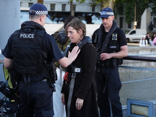 EMBARGOED TO 0001 FRIDAY SEPTEMBER 26 Home Office Minister Jess Phillips boards a police vessel after a briefing by the Metropolitan Police on a new spiking crackdown to coincide with freshers week, at New Scotland Yard in central London. Picture date: Thursday September 25, 2025. PA Photo. Photo credit should read: Jonathan Brady/PA Wire