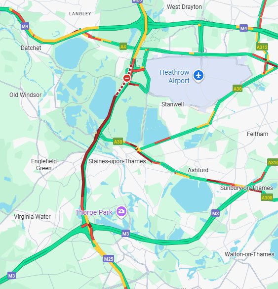 Following a serious collision the #M25 clockwise is closed within J14 #Heathrow to allow @MPSRTPC @SurreyFRS & @SECAmbulance to work at scene Traffic is being diverted via the exit & entry slip roads in an "up & over" closure